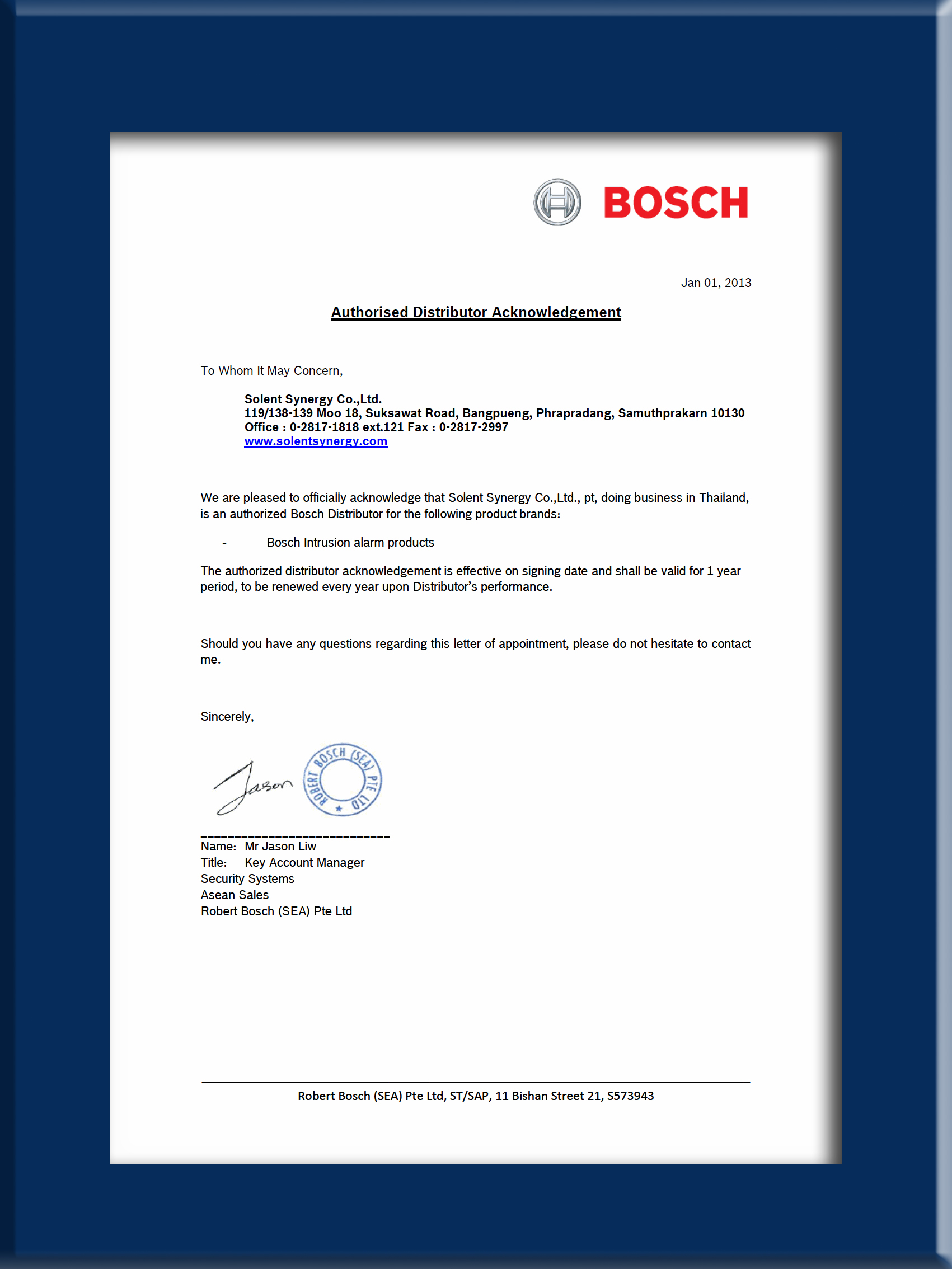 BOSCH Certificate for Solent Synergy as Intrusion system Wholesaler